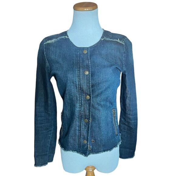 Womens Lucky Brand Collarless Dark Wash Zipper Detail Denim Jean Jacket - Sz S - Picture 2 of 5